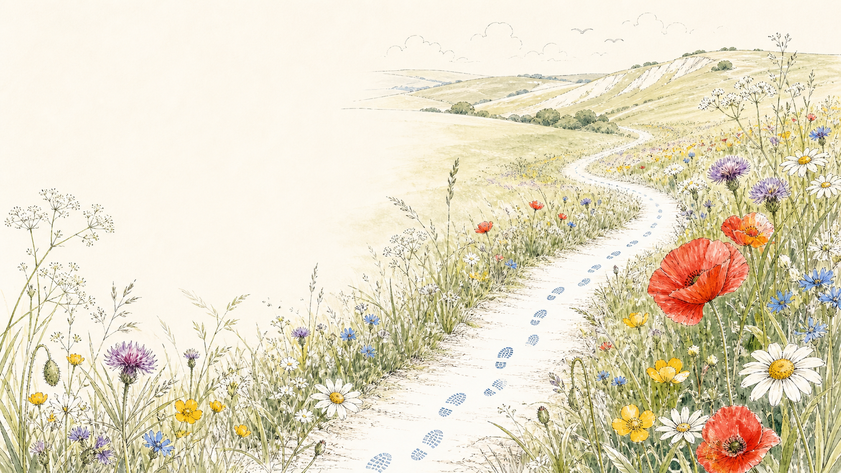 A bright illustrated chalk path winding through South Downs wildflowers, with a trail of blue boot prints.